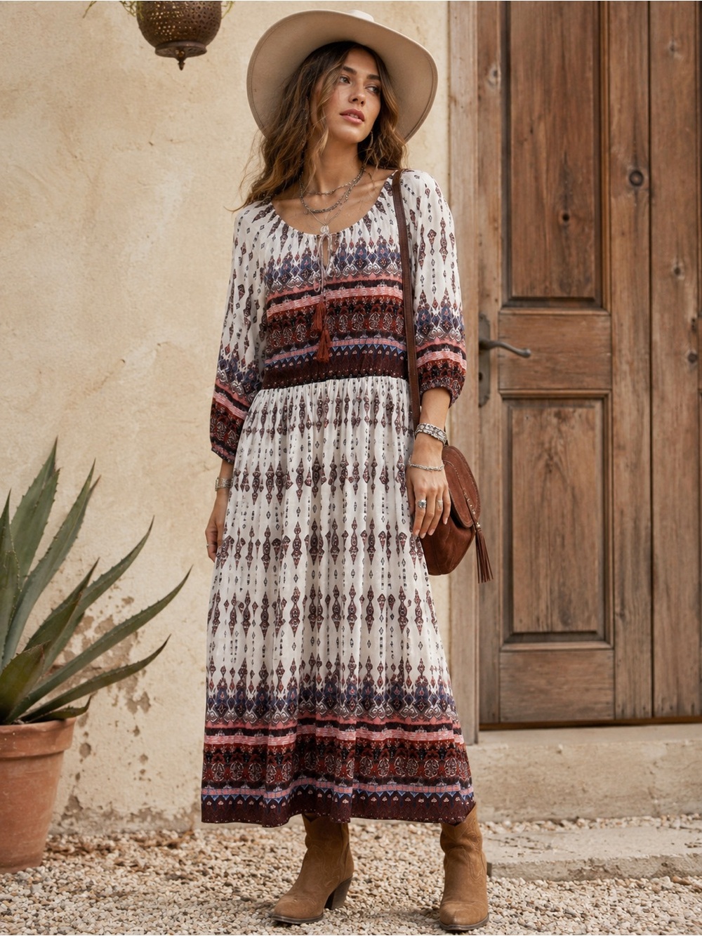 En Crème Boho Maxi Dress Peasant Tassel Tie Festival Prairie Cottage Boutique L